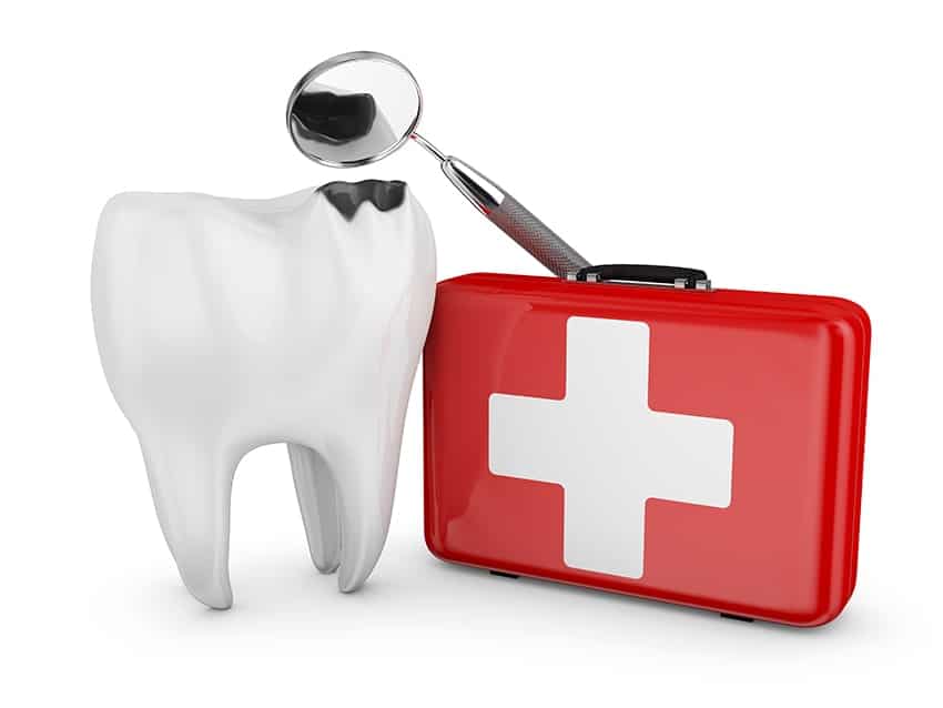 Large animated tooth with a chip in it next to a first aid kit with a dental mouth mirror, an emergency